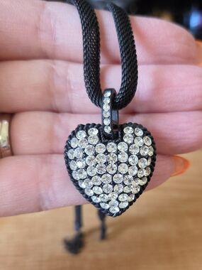 Black Mesh Necklace with Crystal Heart Pendant - 16"